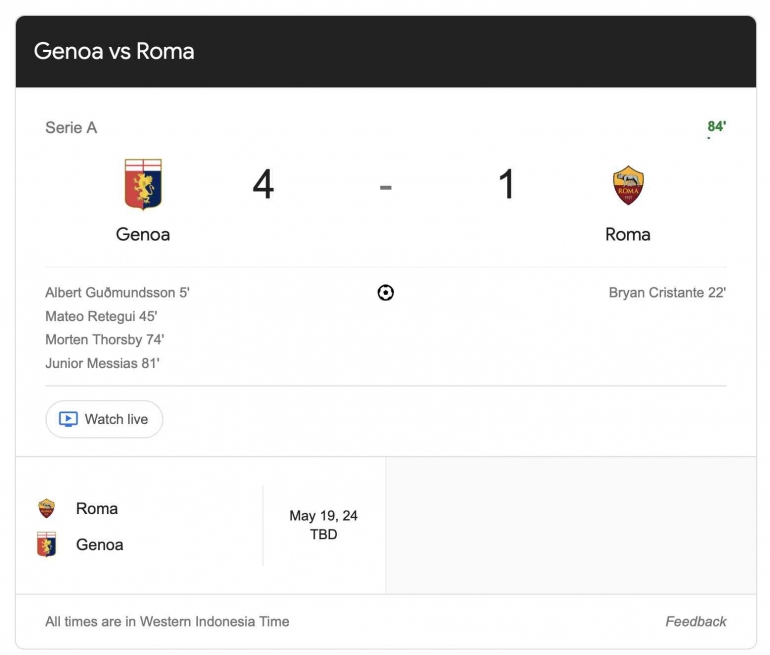 Genoa vs Roma. (Tangkapan layar Google)