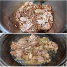 Marinasi ayam terlebih dahulu, kemudian goreng sebentar hingga berkulit. Sisihkan. | Foto: Wahyu Sapta.