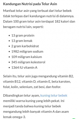 Bidik layar info kandungan gizi telur asin (sumber: https://www.alodokter.com/9-manfaat-telur-asin-yang-jarang-diketahui)