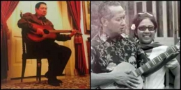 Presiden Susilo Bambang Yudhoyono/kiri dan Presiden Suharto/kanan sedang bermain gitar (Sumber: panil pameran)