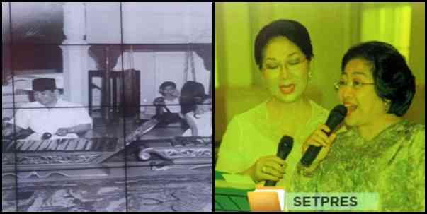 Presiden Sukarno bermain gamelan dan Presiden Megawti menyanyi (Sumber: panil pameran)