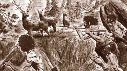 Ilustrasi manusia purba sedang berburu hewan (Sumber: pinhome.id)