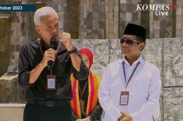 Bakal capres dan bakal cawapres, Ganjar Pranowo dan Mahfud MD di Tugu Proklamasi, Jakarta, Kamis (19/10/2023). (Sumber: Tangkapan layar Youtube Kompas TV via kompas.com) 