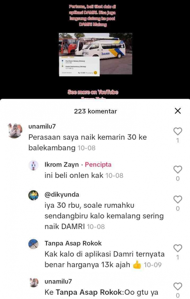 Beberapa komentar di VT Tiktok mengenai perbedaan harga tiket. - Dokpri