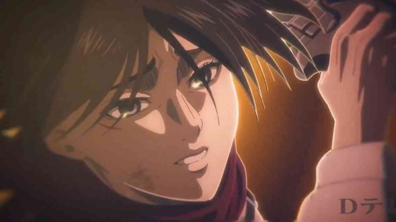 Tampak Mikasa yang berusaha menghentikan Eren (sumber: fin.co.id)