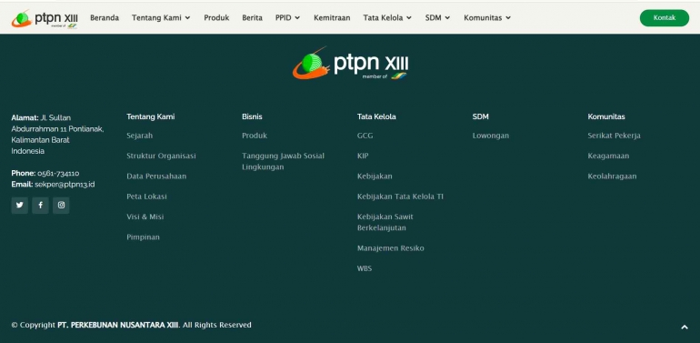 Website PT Perkebunan Nusantara XIII yang dapat diakses oleh siapa saja. Sumber Gambar: Rilis PTPN XIII
