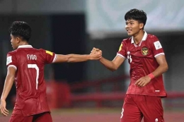 Arkhan Kaka dan Figo paska mencetak gol ke gawang Panama/kompas.com  (ANTARA FOTO/Aditya Pradana Putra)