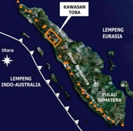 Posisi kawasan Toba di garis sesar Sumatra, patahan bumi akibat tumburan Lempeng Indo-Australia dan Lempeng Eurasia (Sumber: C.A. Chesner/ calderatobageopark.org)