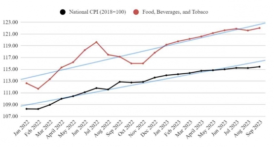 Figure 5. National CPI against Food, Beverages & Tobacco Baskets Index (2022- 2023)