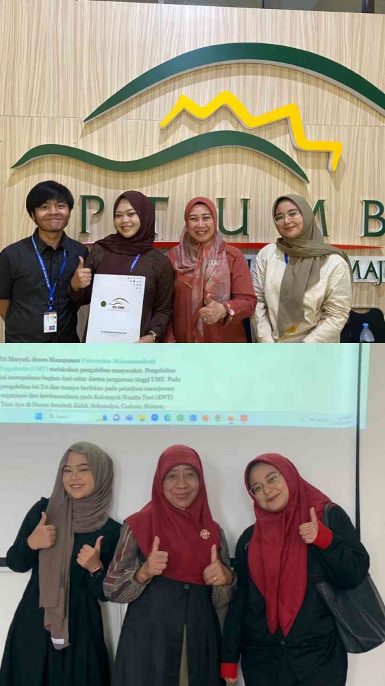 Peserta magang bersama Ibu Tri selaku pembimbing dan Ibu Rini selaku Kepala Pemasaran PT. UMB. Sumber Gambar : Dokumentasi Pribadi