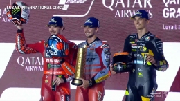 Podium juara di MotoGP Qatar 2023. Bagnaia, di Gianantonio dan Marini. Sumber: @MotoGP