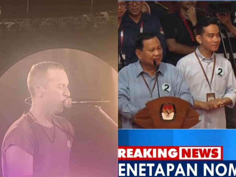 Vokalis Coldplay, Chris Martin, sedang berpantun (Sumber: IG Kamila Andini); Calon Presiden, Prabowo Subianto, sedang berpantun (Sumber: Metro TV)