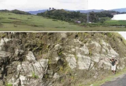 Di bawah panorama alam Tuktuk, Samosir (atas) terdapat batuan tuff (bawah) yang terbentuk pasca-letusan Gunung Toba 74,000 tahun lalu (Foto: BP Geopark Kaldera Toba)