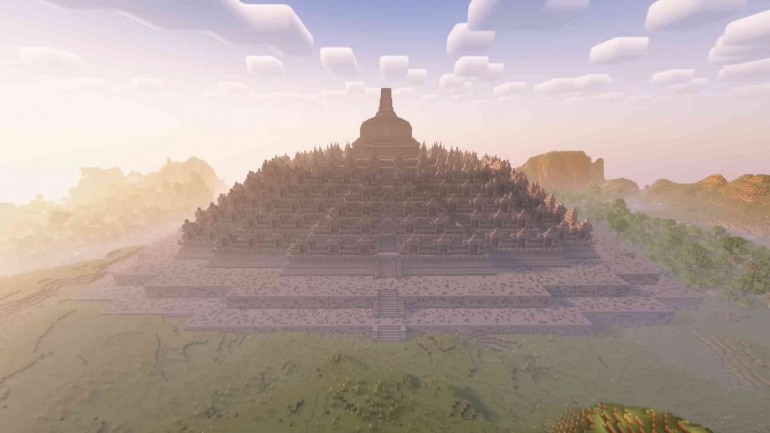 Tangkap layar konten buat Candi Borobudur di Minecraft 100 jam, sumber: YouTube/Baww