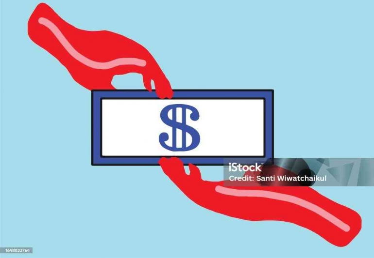  Ilustrasi tangan merah memegang uang kertas biru dari berbagai sudut. Sumber: istockphoto.com