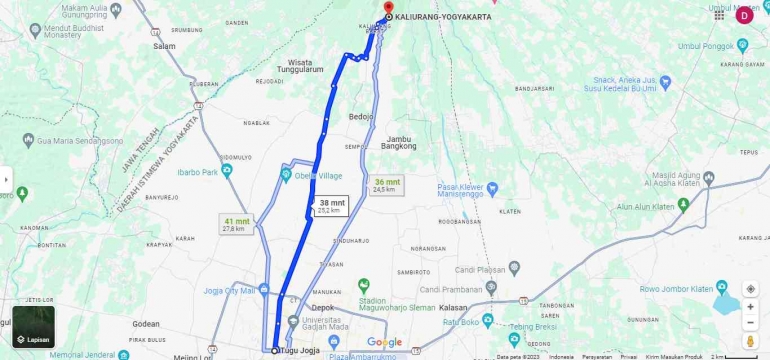 Rute dari Tugu Yogyakarta menuju Kawasan Kaliurang. Sumber: google maps