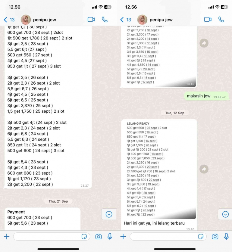 Screenshot chat terduga pelaku menawarkan lelang arisan kepada korban. (Foto: Dokumentasi pribadi korban A)