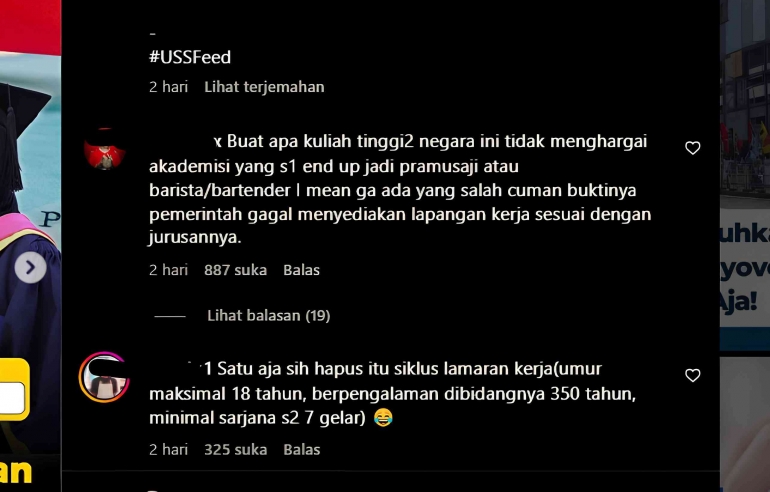 Komentar beberapa akun mengapa banyak masyarakat yang tak mau lanjut S2-S3. (Sumber: tangkapan layar via IG @ussfeeds)