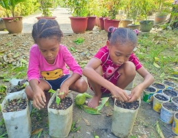 siswa SDN Inpres Kensio menerapkan metode project based learning dengan menanam bibit tanaman di wadah yang sudah diisi tanah | dokpri