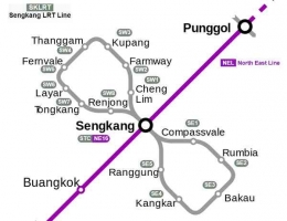 Dokumentasi www.en.wikipedia.org - Jalur LRT Sengkang yang berbentuk angka 8, memutari cluster2 apartemen di Sengkang. Pertemuan angka 8 ini, menjadi Stasiun MRT Sengkang yang menghubungkan downtown Singapore sampai ujung ke Punggol. Sengkang ada di stasiun sebelah dengan stasiun Punggol.