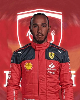 Ilustrasi Lewis Hamilton berseragam Ferrari. (sumber : instagram/fabriziorom)