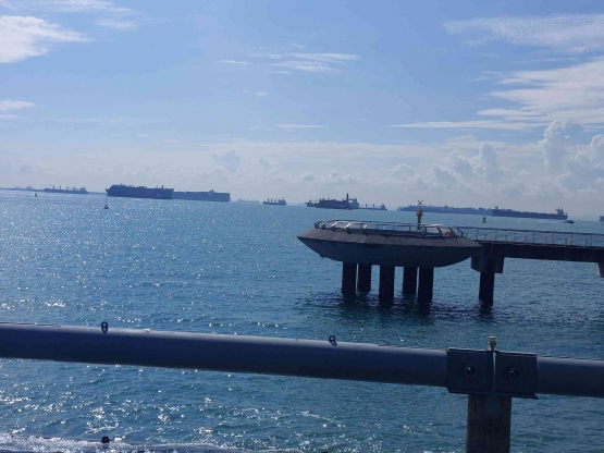 Pemandangan sebelah kiri menuju Marina Barrage Singapore adalah laut dengan kapal2 besar dan kecil, dengan air beraus dan kadang2 berombak ..... | Dokumentasi pribadi