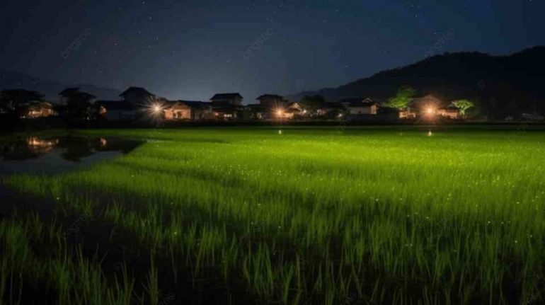 Gambar ilustrasi, sumber: https://id.pngtree.com/freebackground/night-close-up-of-green-rice-fields-and-buildings_2478278.html 
