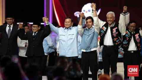 Tiga kandidat capres dan cawapres Pemilu 2024. Foto: Adi Ibrahim / cnnindonesia.com