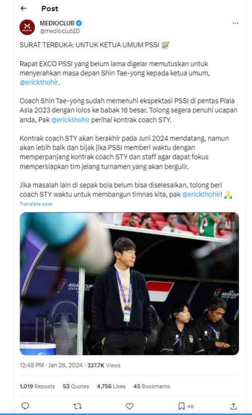Surat Terbuka untuk Ketua Umum PSSI di X oleh @medioclubID pada tanggal 26 Januari 2024.