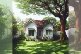 Sebuah rumah dengan pohon trembesi di depannya (Gambar dibuat dengan Bing)