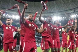 Para pemain Qatar merayakan kemenangan atas Iran di semifinal Piala Asia 2023. Foto: Instagram/qfa