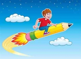 Gambar diambil dari https://www.dreamstime.com/stock-photo-boy-riding-rocket-pencil-cartoon-illustration-top-blasting-sky-stars-clouds-image57759419