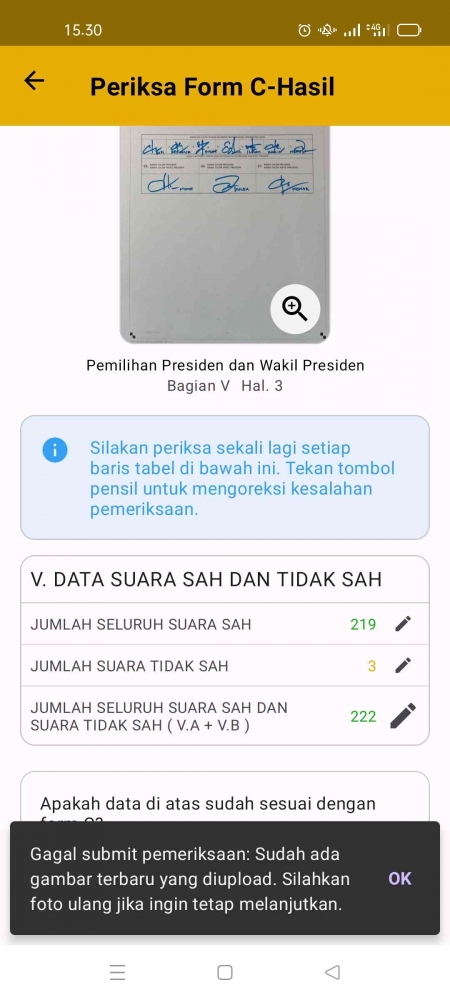 Tangkapan layar aplikasi Sirekap Pemilu 2024. 