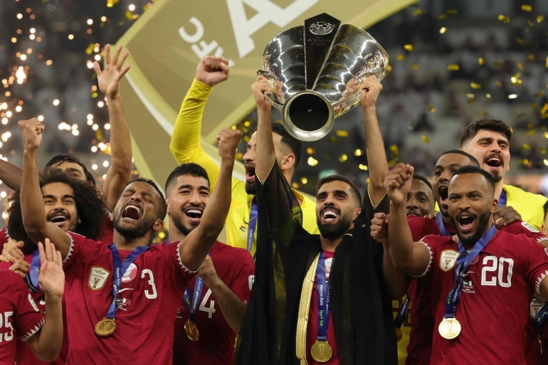 Selebrasi para pemain Qatar setelah berhasil menjuarai Piala Asia 2023 di Lusail Stadium, Doha (Sumber Foto: AFP/GIUSEPPE CACACE via Kompas.id)