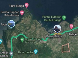 Peta lokasi Lumbangorat (kotak garis putus merah) dan Dolok Tolong, Balige. Gala-gala, tempat pertemuan Sorbadibanua dan Boru Sibasopaet, diperkirakan berada di kaki barat Dolok Tolong, sebelah timur jalan Transumatra (warna hijau) (Sumber: google map) 