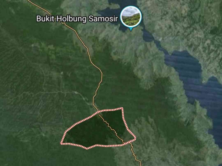 Peta lokasi Desa Hutajulu, Pollung Humbahas (atas). Dolok Partangisan membentang antara HKBP Hutajulu dan HKBP Hutagalung, dengan vegetasi hutan (bawah) (Sumber: Google Map