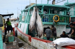 Nelayan menurunkan ikan tuna hasil tangkapan mereka di pelabuhan Benoa, Bali.(AFP/SONNY TUMBELAKA)