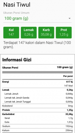 Kandungan gizi tiwul per 100 gram. Foto: Tangkapan Layar https://mobile.fatsecret.co.id/kalori-gizi/umum/nasi-tiwul