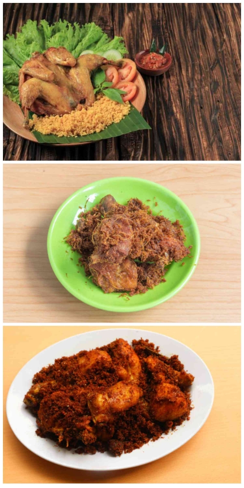 Ayam goreng kremes, Ayam goreng Kalasan, dan Ayam goreng lengkuas (laos). Sumber: istockphoto.