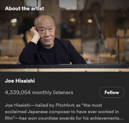 Sumber gambar: Dokumen pribadi / Jumlah pendengar Joe Hisaishi pada platform spotify