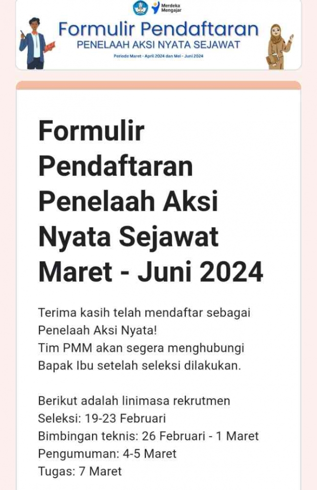 Formulir pendaftaran Penelaah Aksi Nyata Sejawat Maret-Juni 2024. Dokpri