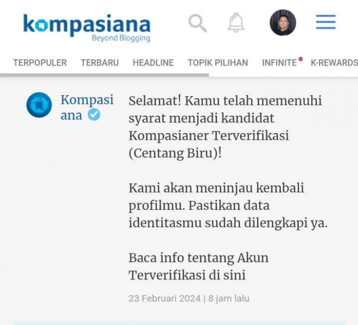 screenshot pesan notifikasi kompasiana.com
