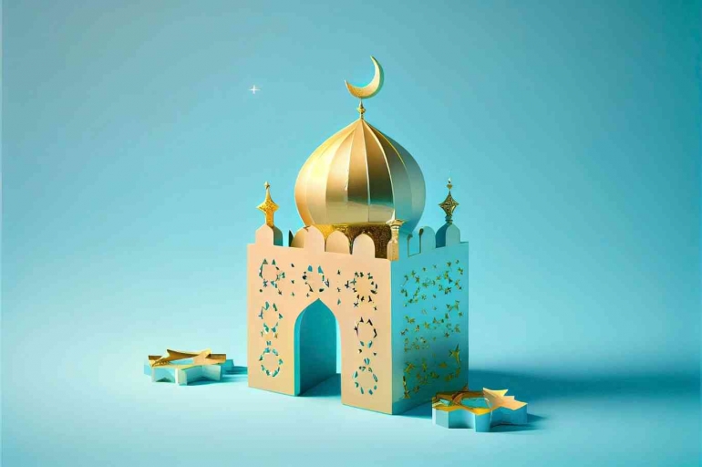 3d illustration of a mosque with golden moon and stars ornament by Meow Creations