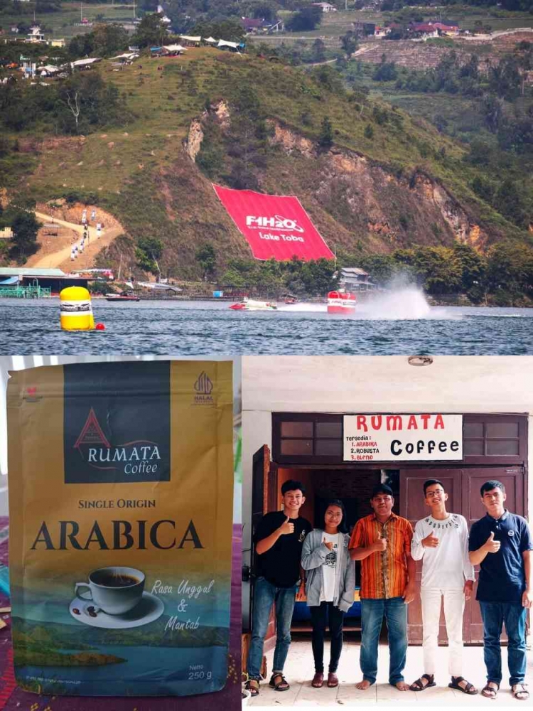 Rozes Pardosi (tengah) pemilik brand Rumata Coffee yg sekaligus nama kafenya di Laguboti, Balige, Toba. Foto : Parlin Pakpahan.