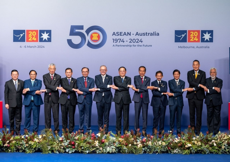 Para pemimpin negara ASEAN dan Australia saat menghadiri resepsi Konferensi Tingkat Tinggi (KTT) Khusus ASEAN-Australia di Melbourne, Australia pada Selasa (5/3/2024).(Dok ASEAN/Irene Dowdy via Kompas.id)