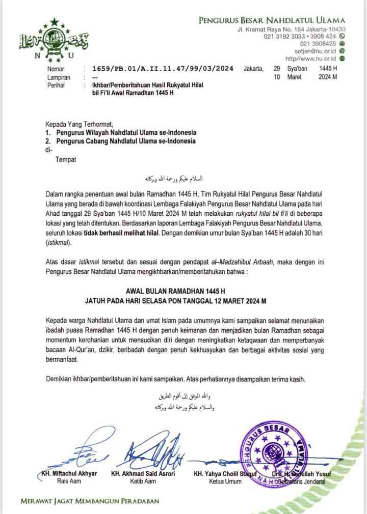 Surat Keputusan Hasil Rukyatul Hilal yang Dikeluarkan oleh PBNU