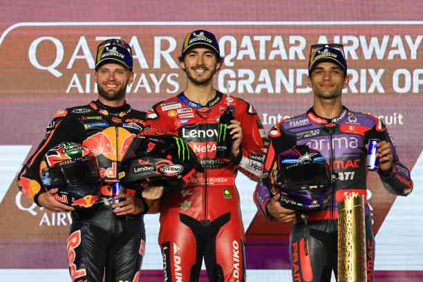 Bagnaia, Brad Binder, dan Jorge Martin di podium GP Qatar 2024. Sumber: getty images (Icon Sportswire)