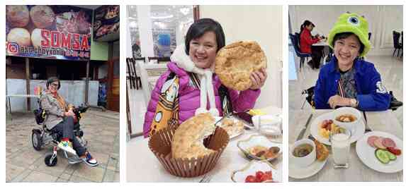 Foto ki-ka: Aku di restoran Somsa terbesar di Jizzakh| Aku dengan roti besar yang selalu ada di meja restoran, dan saat sarapan di Samarkand. (Dokumentasi pribadi)