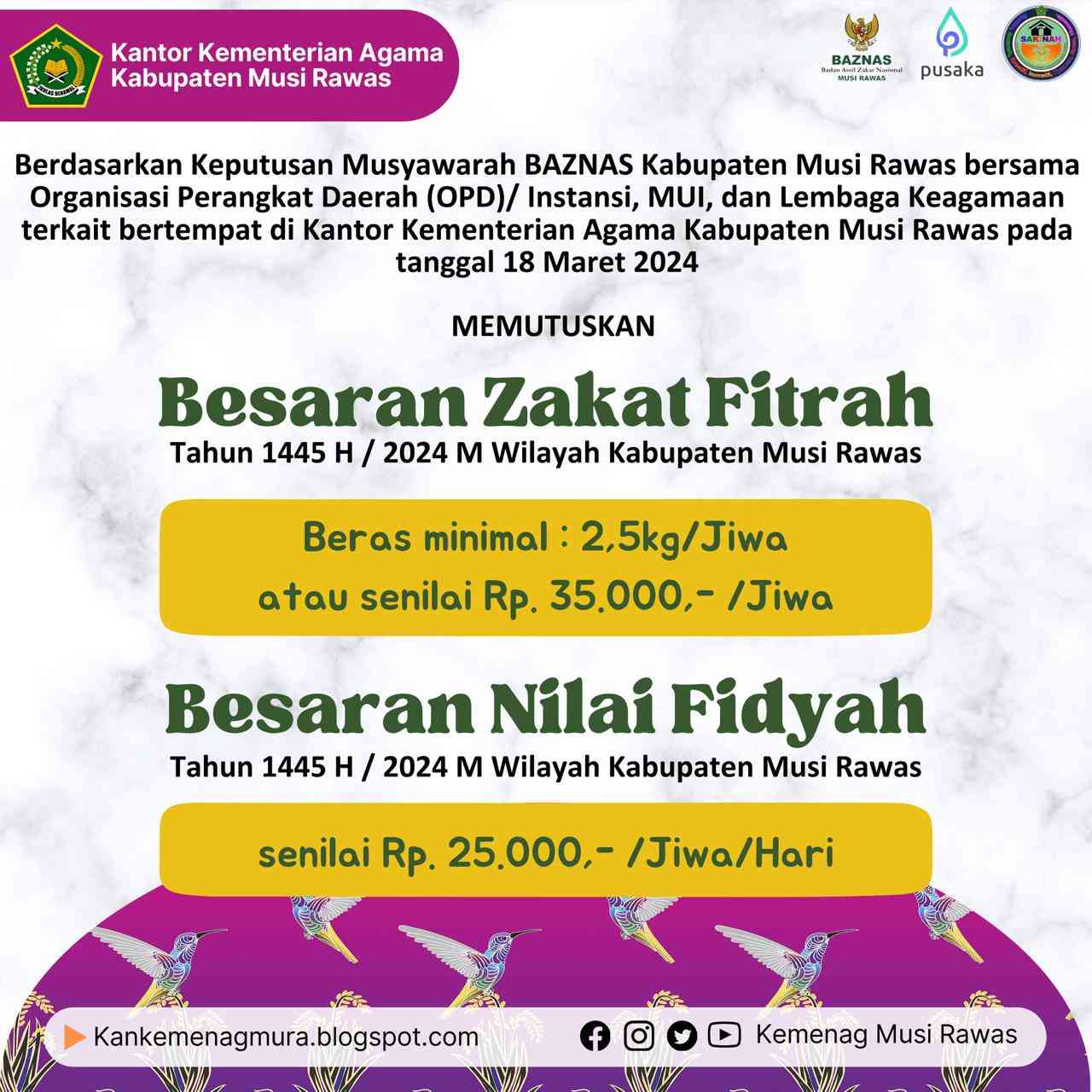 Flyer besaran zakat dan fidyah. (Sumber IG@kemenagmusirawas)