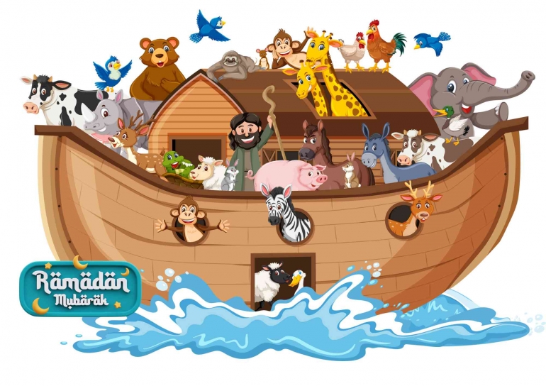 Ilustrasi Kapal Nabi Nuh AS bersama pengikutnya dan berbagai jenis hewan diolah menggunakan canva (Dokpri)